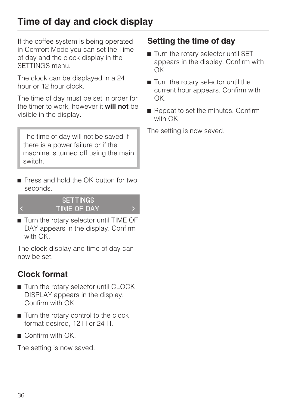 Timer 37, Time of day and clock display, Clock format | Setting the time of day | Miele CM 5100 User Manual | Page 36 / 76
