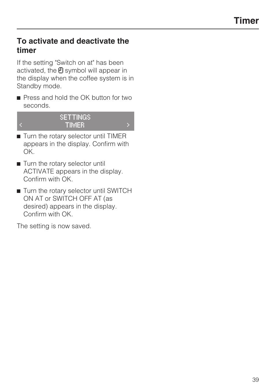 Timer | Miele CM 5100 User Manual | Page 39 / 76