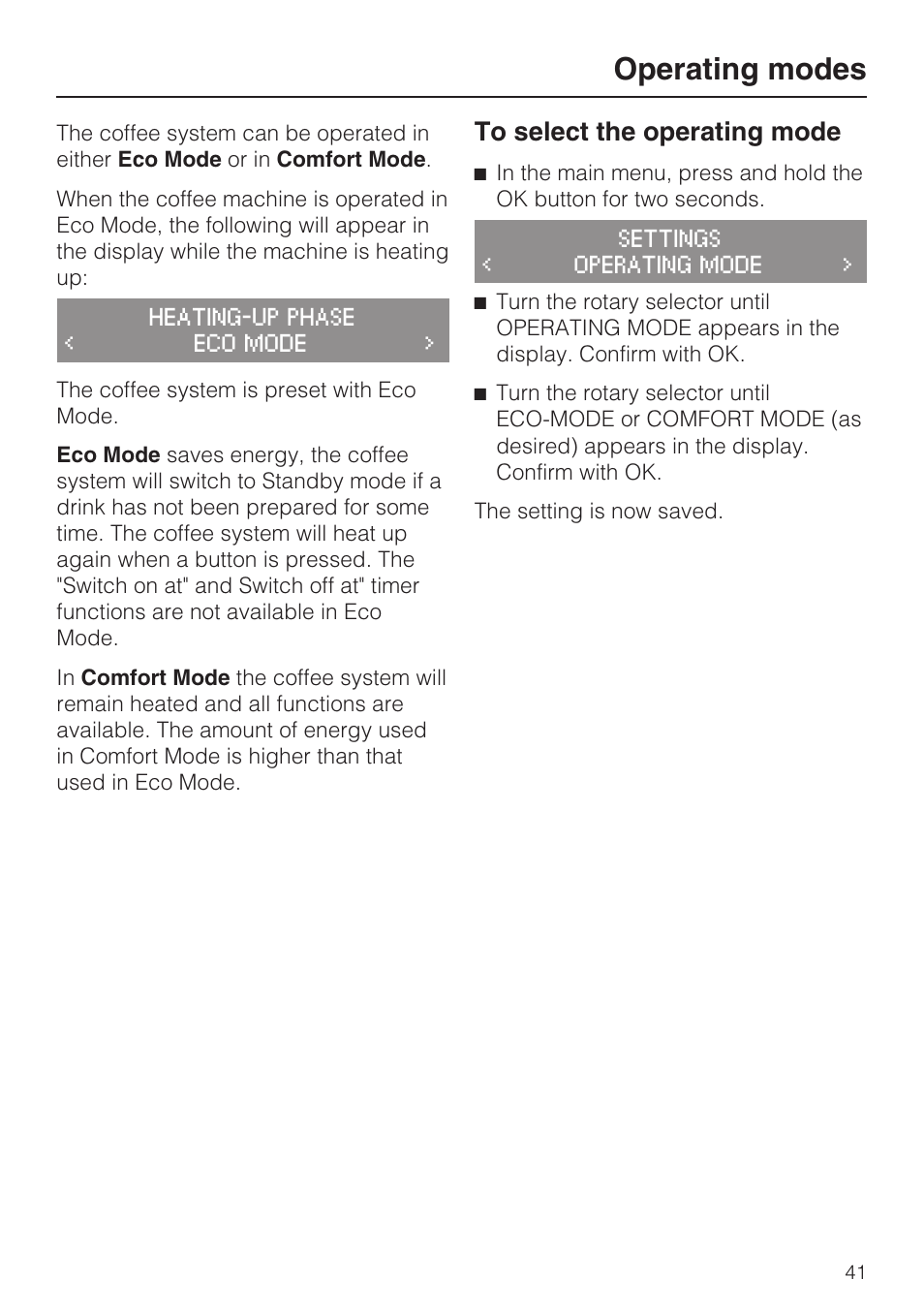 Operating modes 41, Operating modes | Miele CM 5100 User Manual | Page 41 / 76