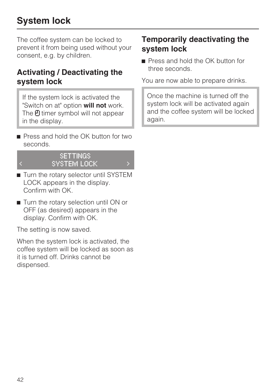 System lock 42, System lock, Activating / deactivating the system lock | Temporarily deactivating the system lock | Miele CM 5100 User Manual | Page 42 / 76