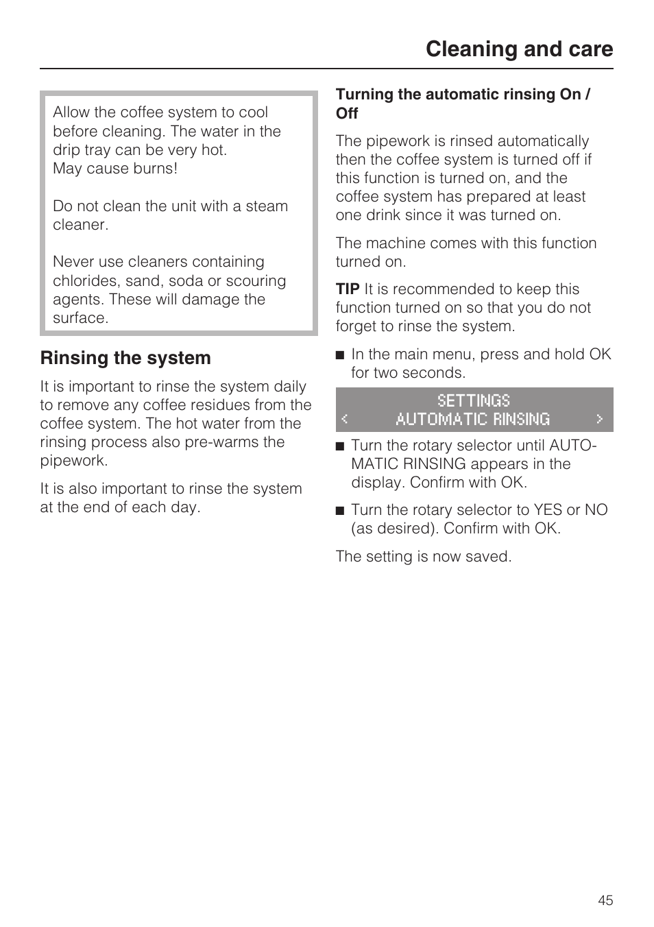 Rinsing the system 45, Cleaning and care, Rinsing the system | Miele CM 5100 User Manual | Page 45 / 76