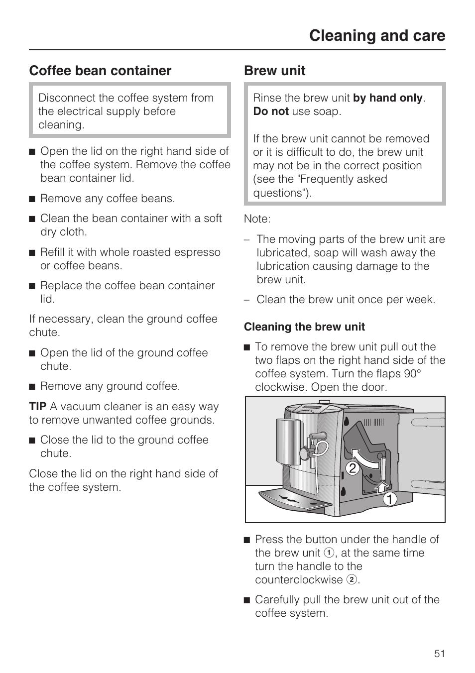 Coffee bean container 51, Brew unit 51, Cleaning and care | Coffee bean container, Brew unit | Miele CM 5100 User Manual | Page 51 / 76