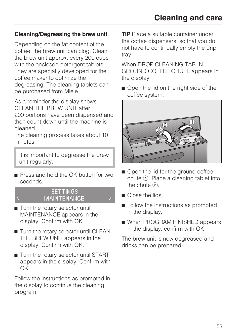 Cleaning and care | Miele CM 5100 User Manual | Page 53 / 76