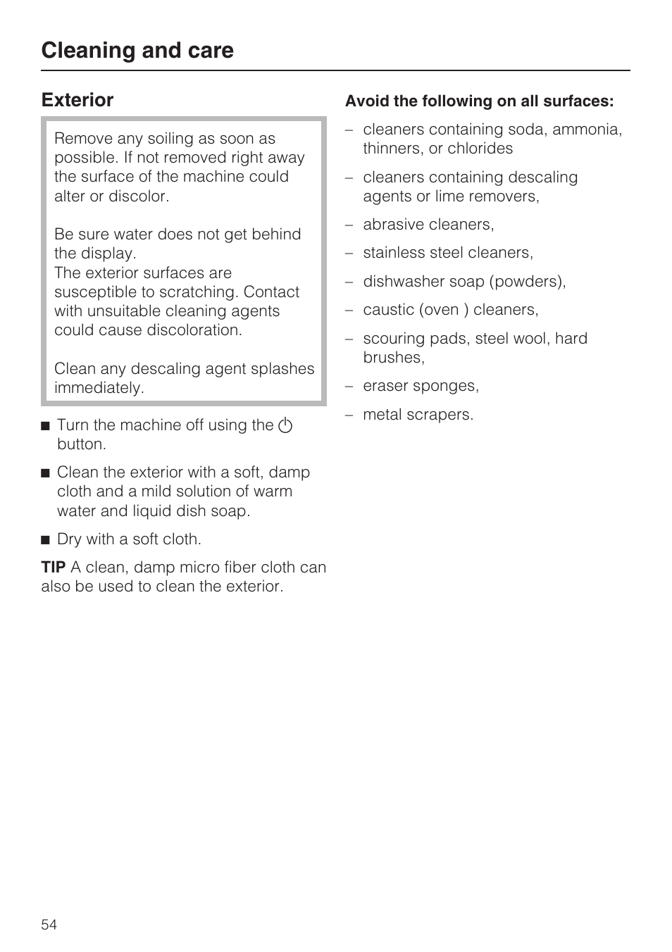 Exterior 54, Cleaning and care, Exterior | Miele CM 5100 User Manual | Page 54 / 76