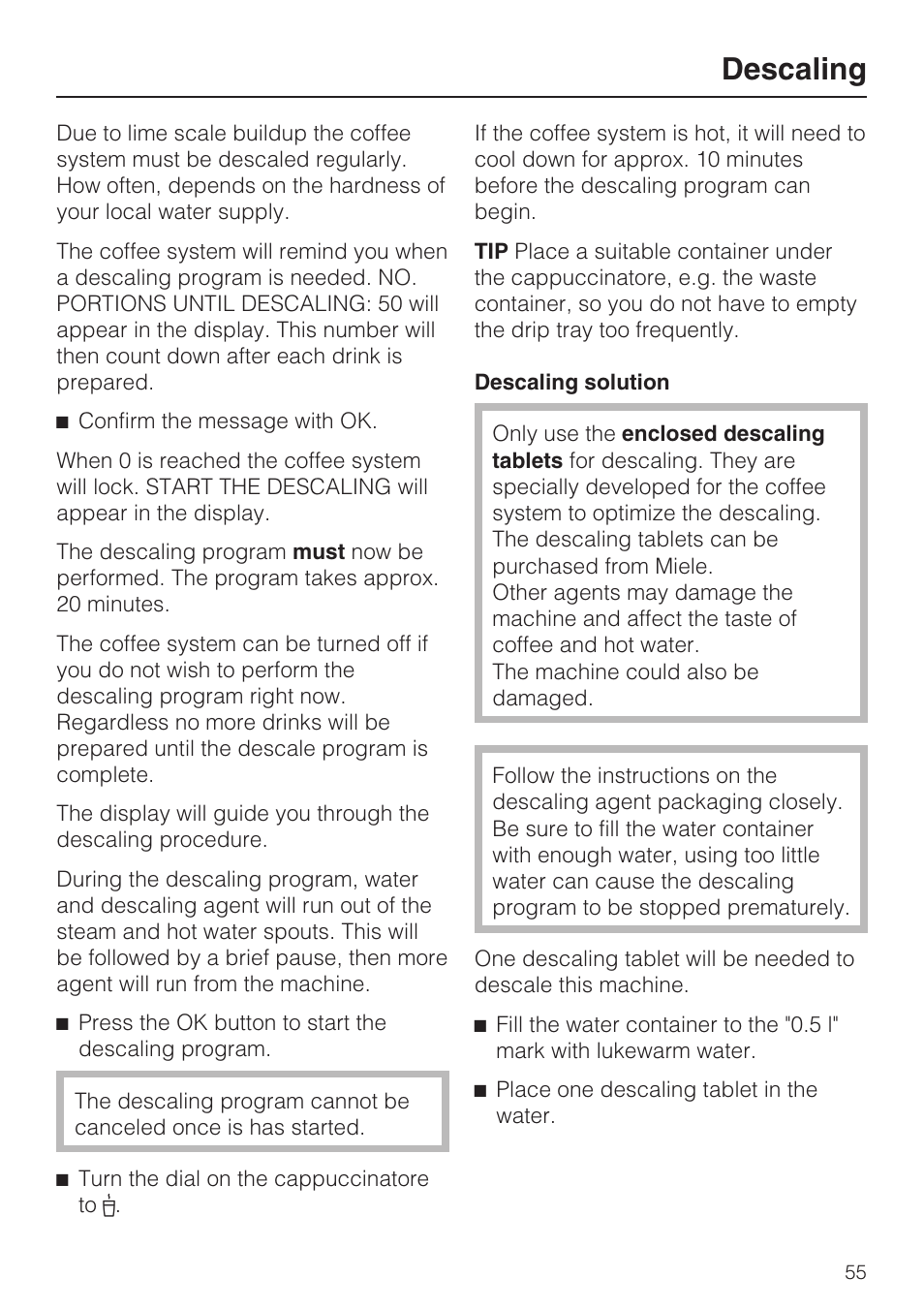 Descaling 55, Descaling | Miele CM 5100 User Manual | Page 55 / 76