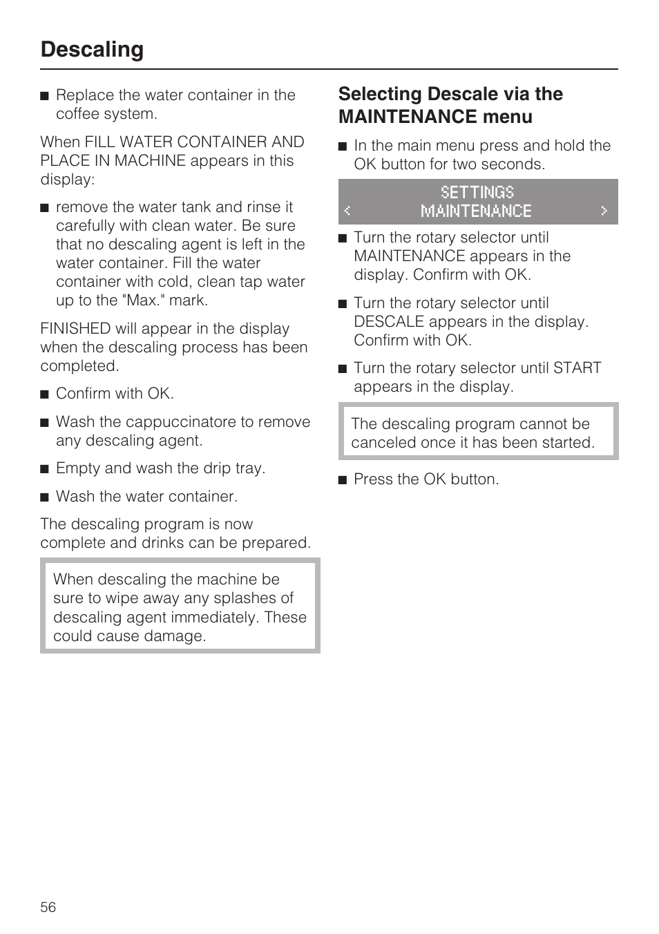 Descaling, Selecting descale via the maintenance menu | Miele CM 5100 User Manual | Page 56 / 76