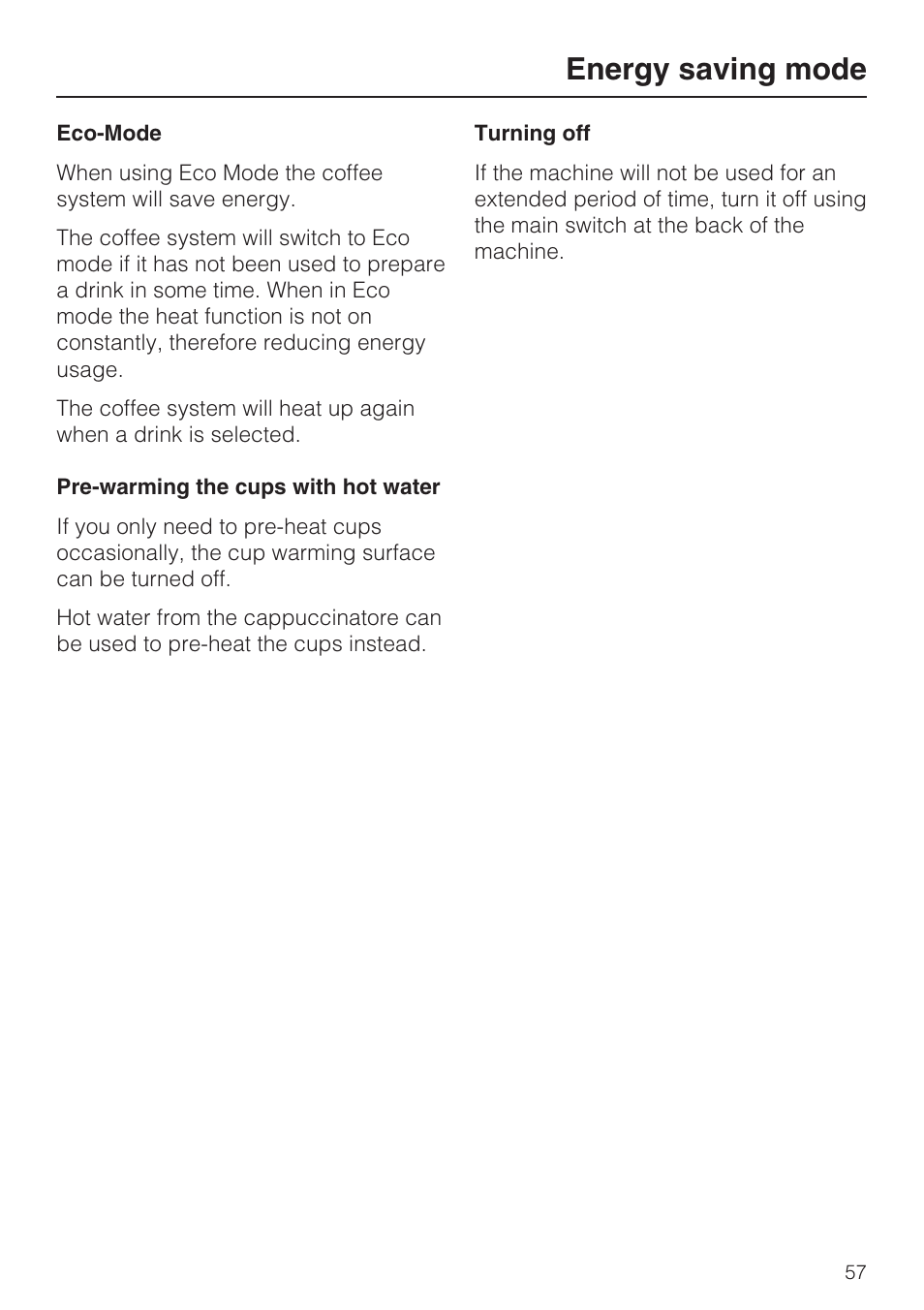 Energy saving mode 57, Energy saving mode | Miele CM 5100 User Manual | Page 57 / 76