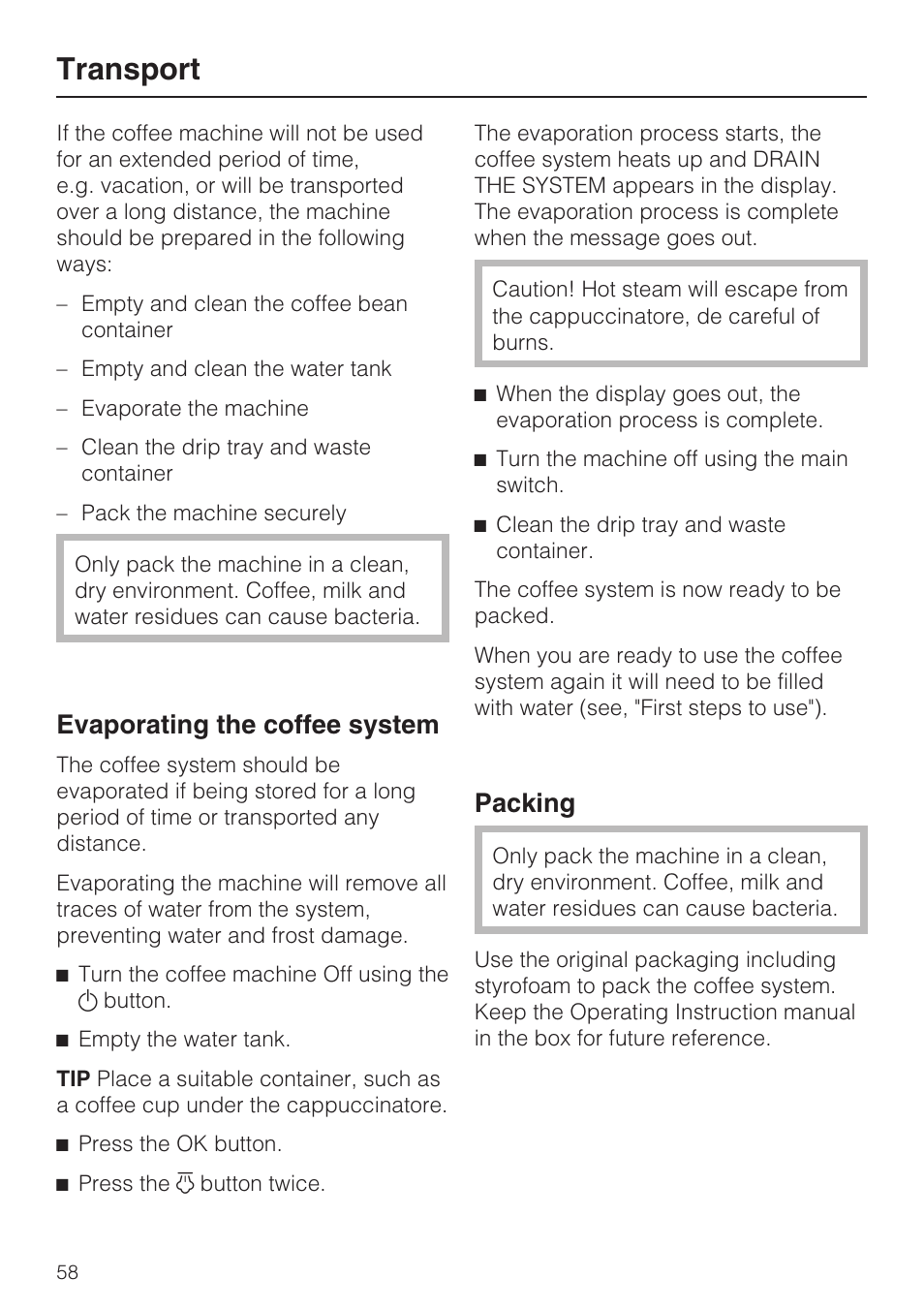 Transport 58, Evaporating the coffee system 58, Transport | Evaporating the coffee system, Packing | Miele CM 5100 User Manual | Page 58 / 76