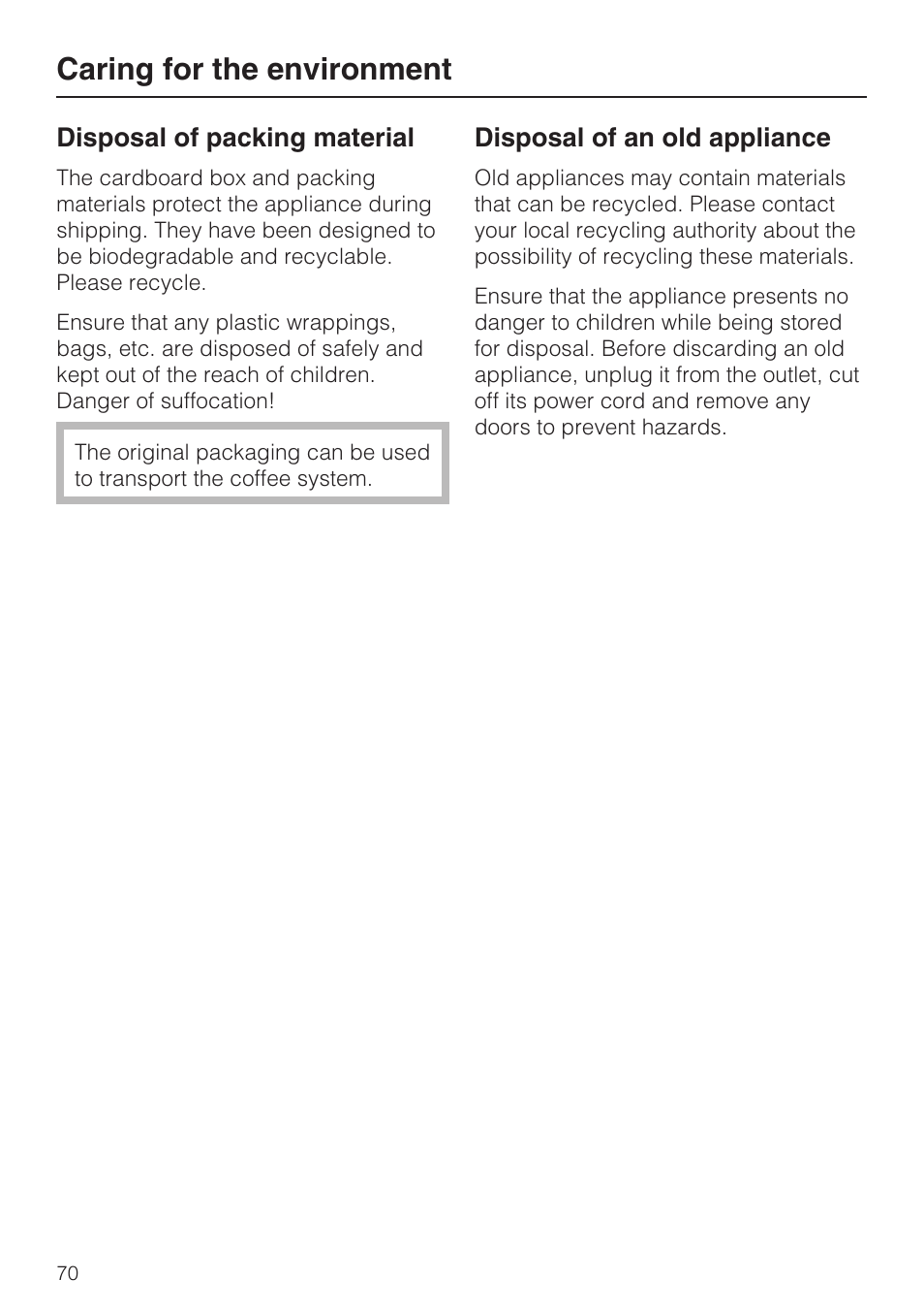 Caring for the environment 70, Caring for the environment | Miele CM 5100 User Manual | Page 70 / 76