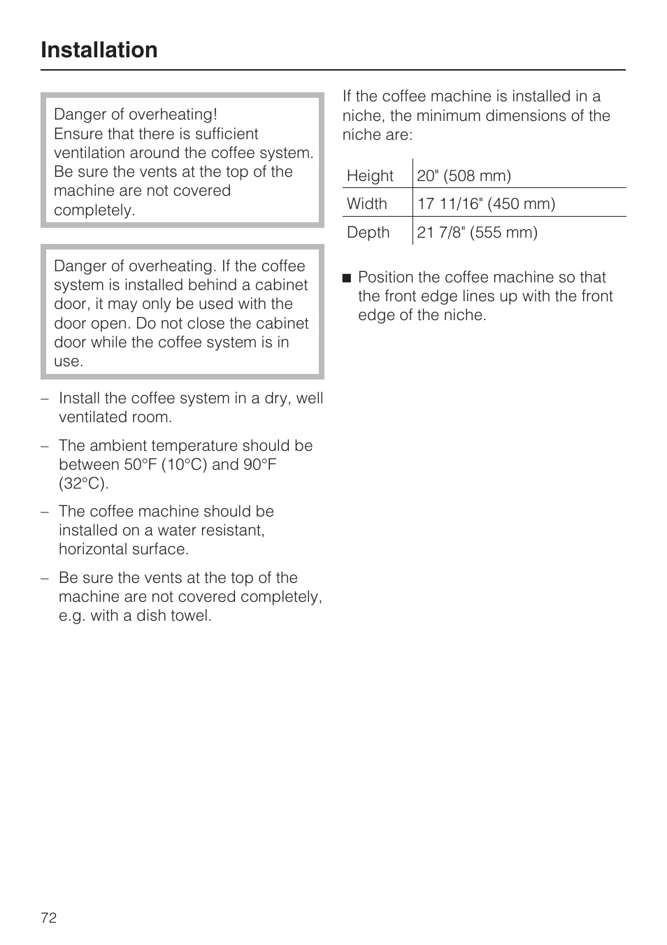 Installation 72, Installation | Miele CM 5100 User Manual | Page 72 / 76