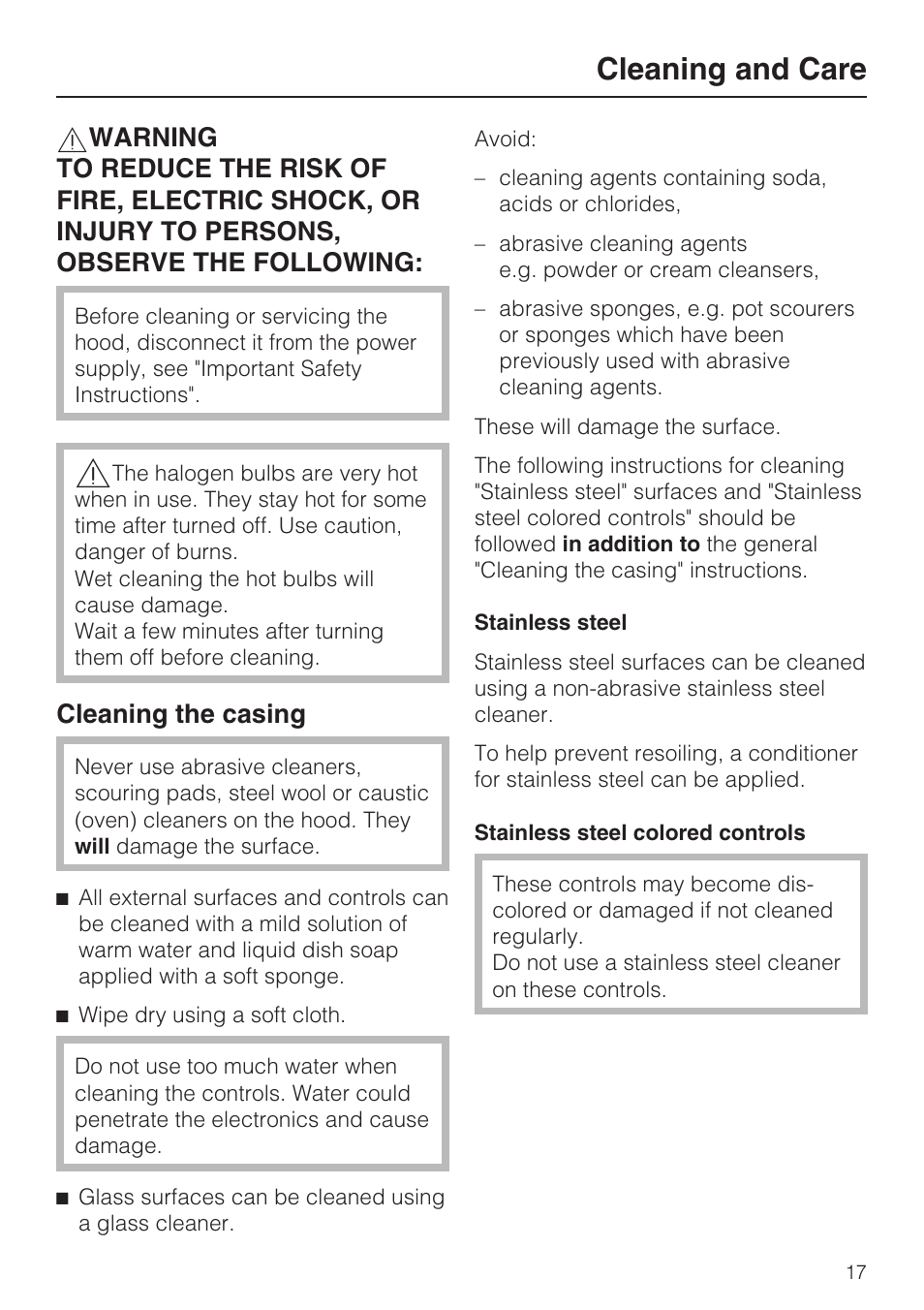 Cleaning and care 17, Cleaning the casing 17, Cleaning and care | Cleaning the casing | Miele DA 5391 W User Manual | Page 17 / 40