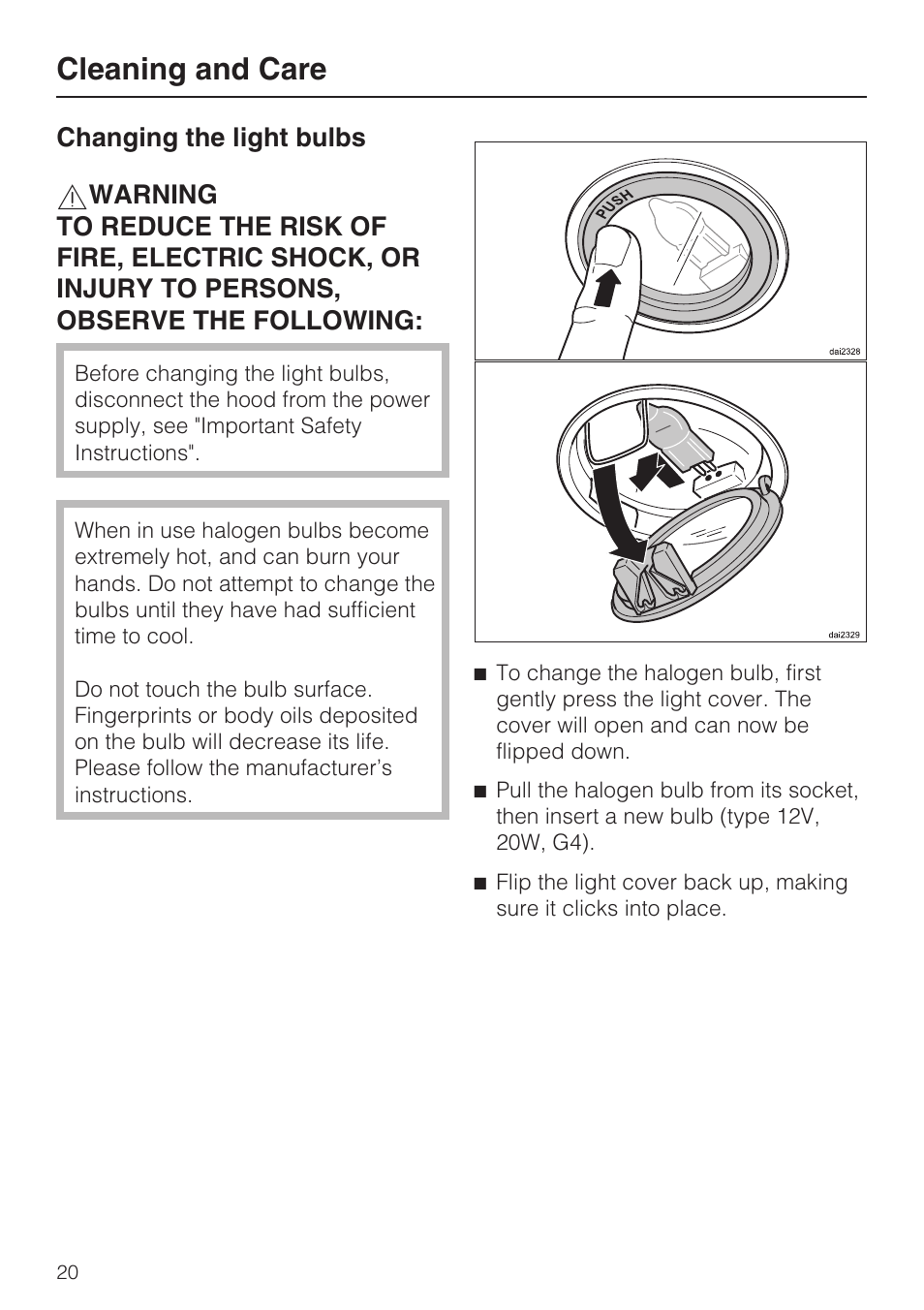 Changing the light bulbs 20, Cleaning and care | Miele DA 5391 W User Manual | Page 20 / 40