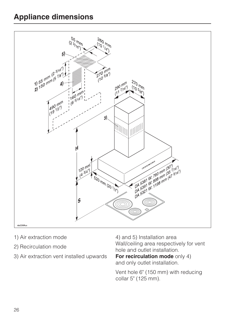 Appliance dimensions 26, Appliance dimensions | Miele DA 5391 W User Manual | Page 26 / 40