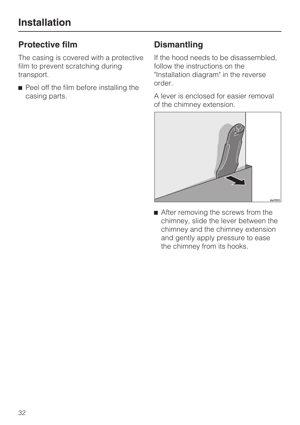 Installation 32, Dismantling 32, Installation | Protective film, Dismantling | Miele DA 5391 W User Manual | Page 32 / 40