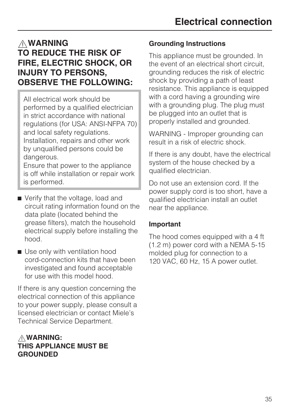 Electrical connection 35, Electrical connection | Miele DA 5391 W User Manual | Page 35 / 40