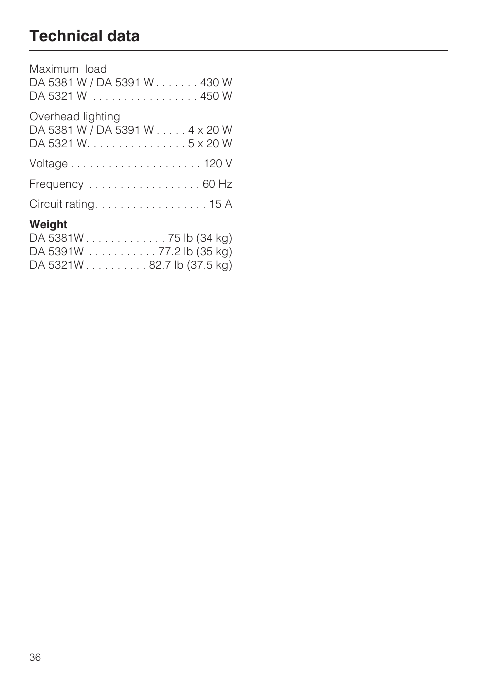 Technical data 36, Technical data | Miele DA 5391 W User Manual | Page 36 / 40