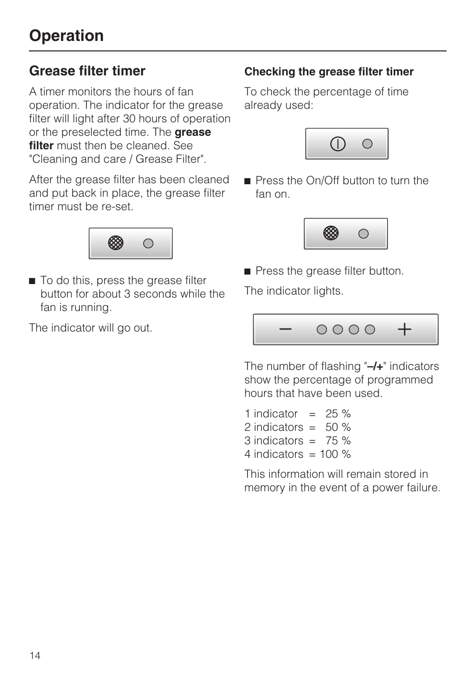 Grease filter timer 14, Operation, Grease filter timer | Miele DA5321D User Manual | Page 14 / 32