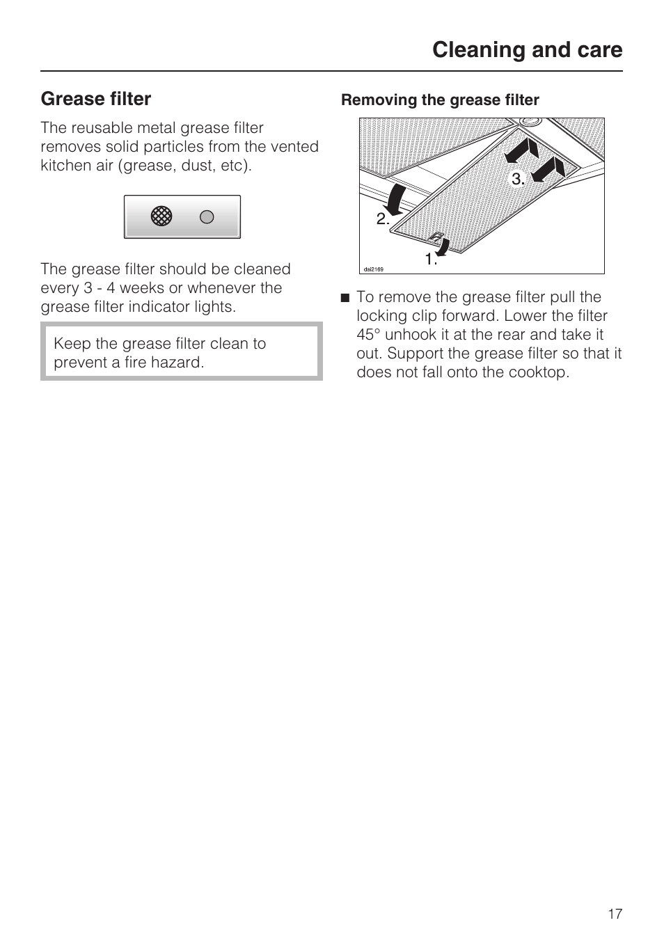 Grease filter 17, Cleaning and care, Grease filter | Miele DA5321D User Manual | Page 17 / 32