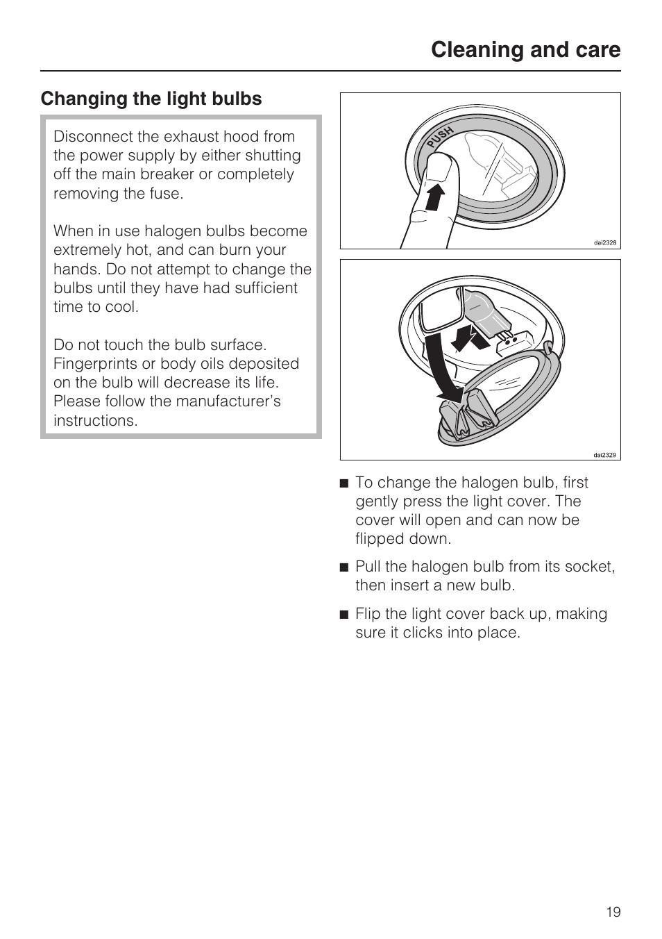 Changing the light bulbs 19, Cleaning and care, Changing the light bulbs | Miele DA5321D User Manual | Page 19 / 32