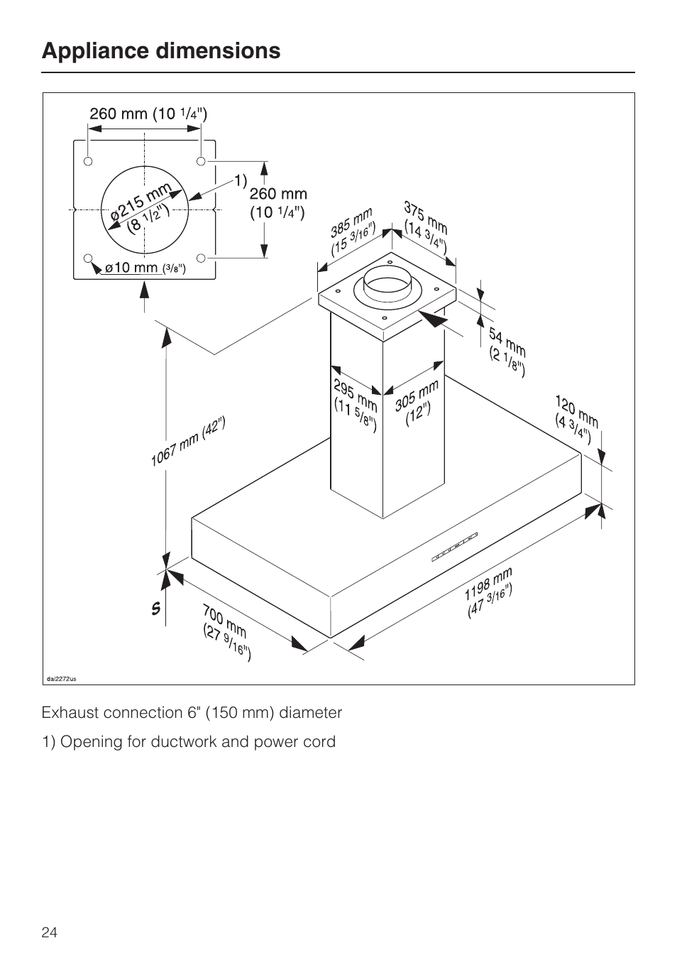 Appliance dimensions 24, Appliance dimensions | Miele DA5321D User Manual | Page 24 / 32