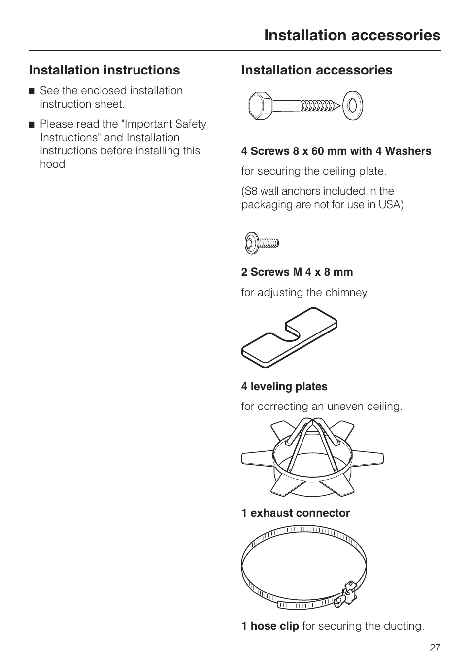 Installation accessories 27, Installation instructions, Installation accessories | Miele DA5321D User Manual | Page 27 / 32