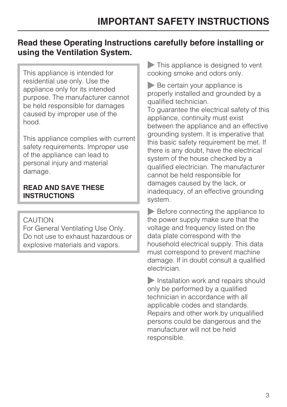 Important safety instructions 3, Important safety instructions | Miele DA5321D User Manual | Page 3 / 32