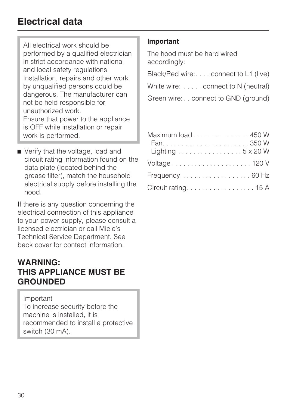 Electrical data 30, Electrical data, Warning: this appliance must be grounded | Miele DA5321D User Manual | Page 30 / 32
