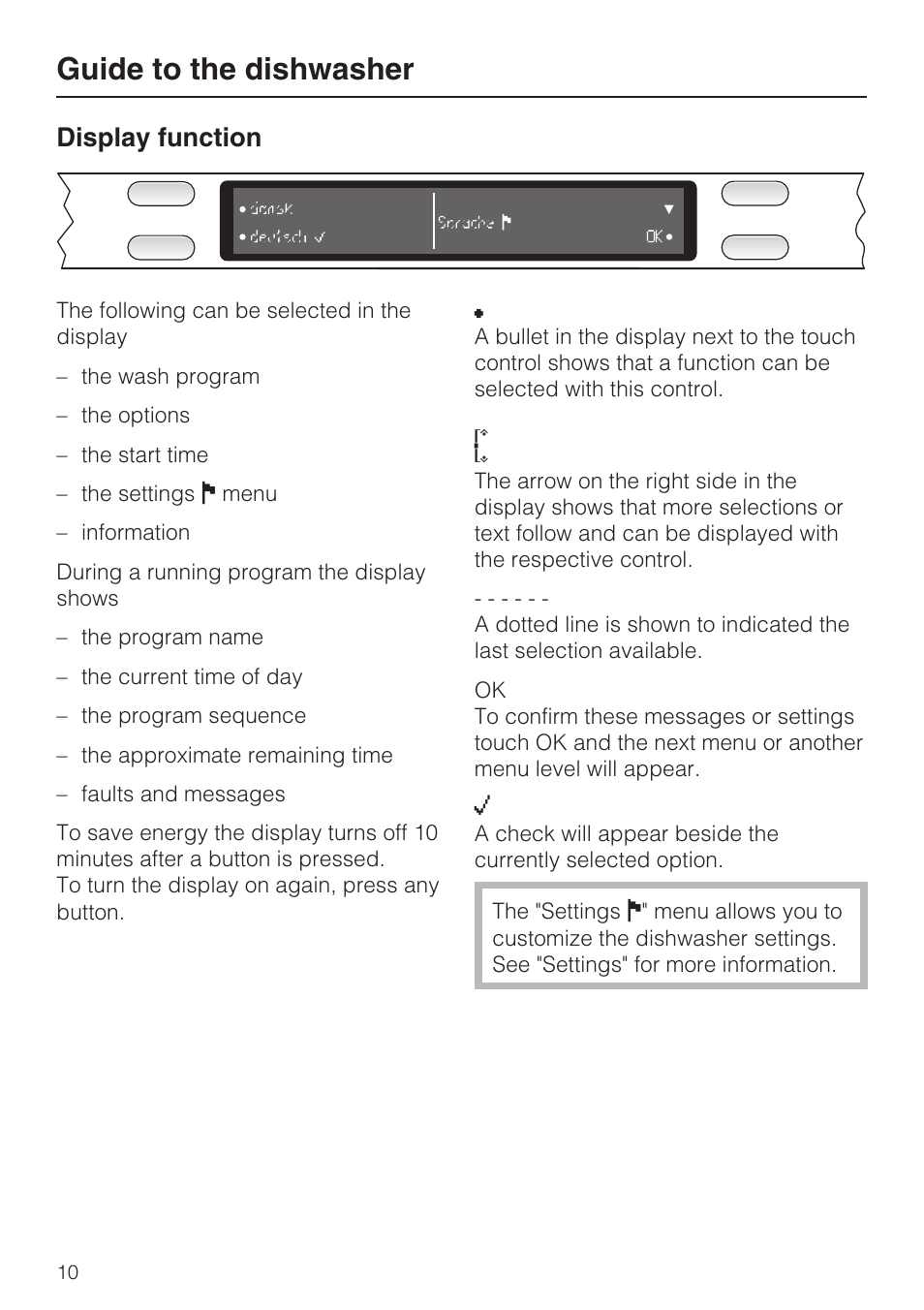 Display function 10, Guide to the dishwasher, Display function | Miele G 2872 User Manual | Page 10 / 80