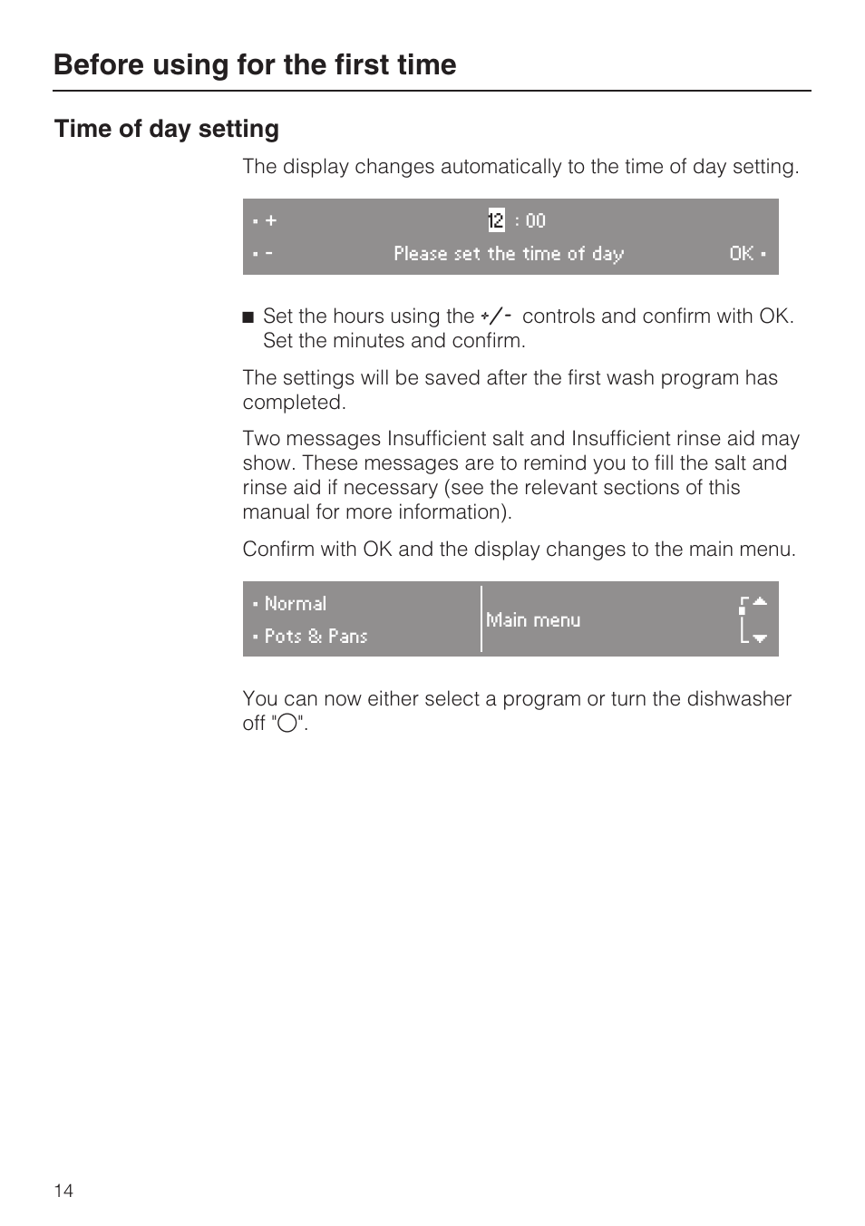 Before using for the first time, Time of day setting | Miele G 2872 User Manual | Page 14 / 80