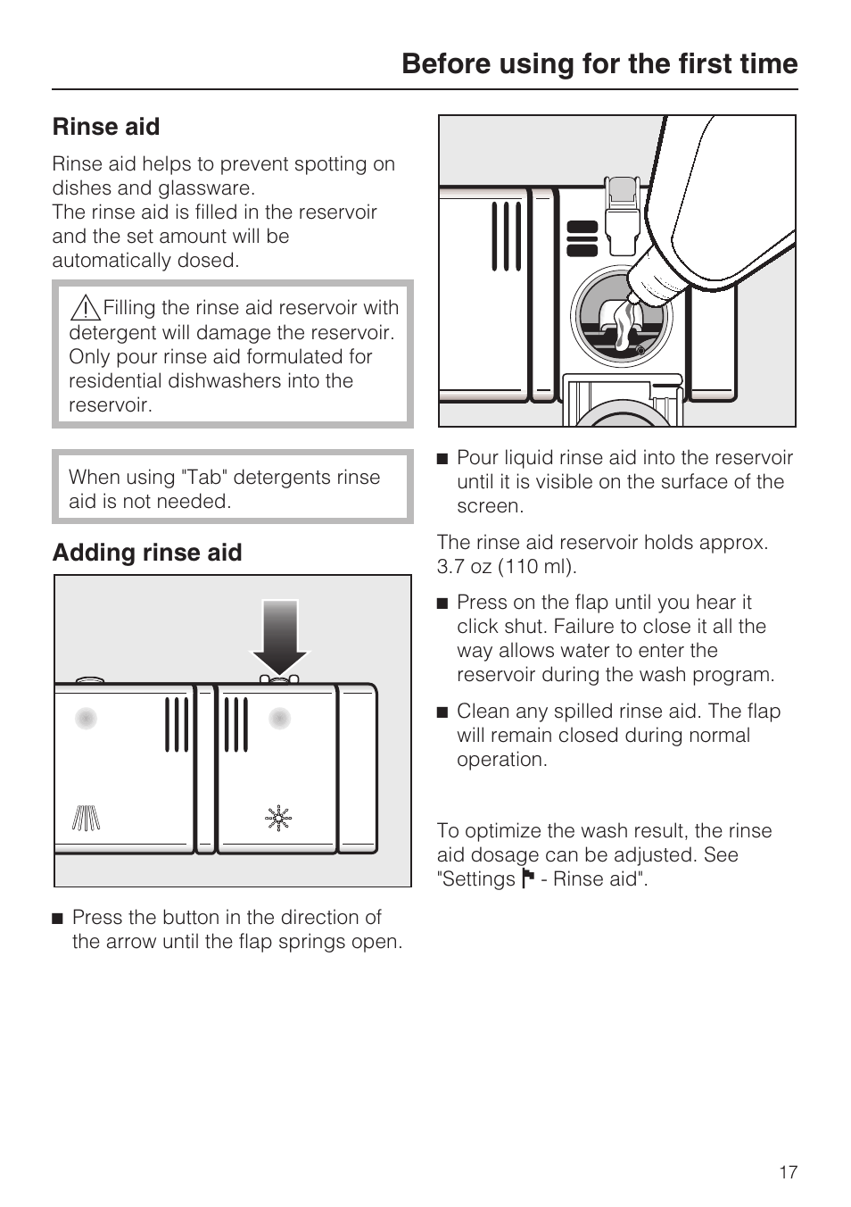 Rinse aid 17, Adding rinse aid 17, Before using for the first time | Rinse aid, Adding rinse aid | Miele G 2872 User Manual | Page 17 / 80