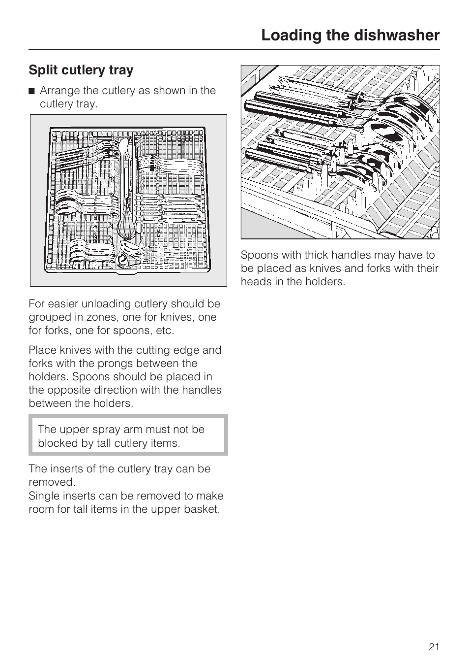 Split cutlery tray 21, Loading the dishwasher, Split cutlery tray | Miele G 2872 User Manual | Page 21 / 80