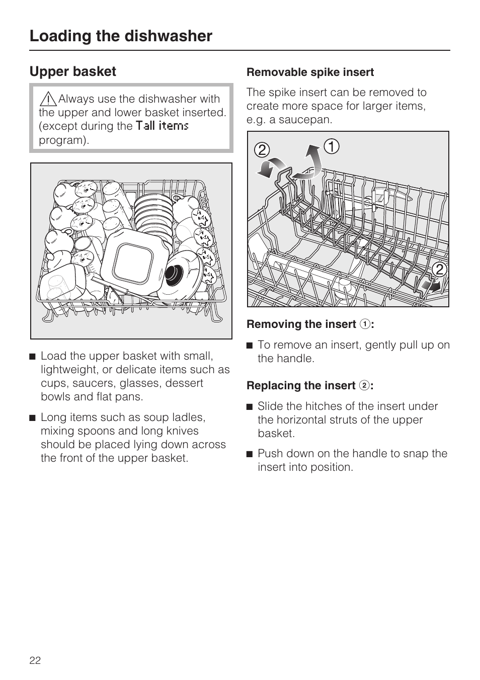 Upper basket 22, Loading the dishwasher, Upper basket | Miele G 2872 User Manual | Page 22 / 80