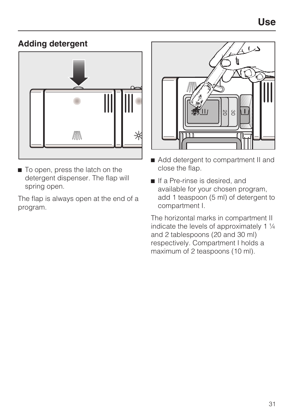 Adding detergent 31, Adding detergent | Miele G 2872 User Manual | Page 31 / 80