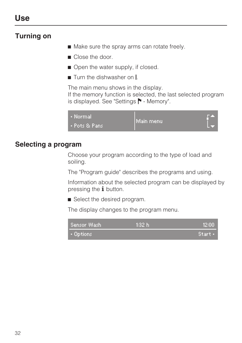 Turning on, Selecting a program | Miele G 2872 User Manual | Page 32 / 80