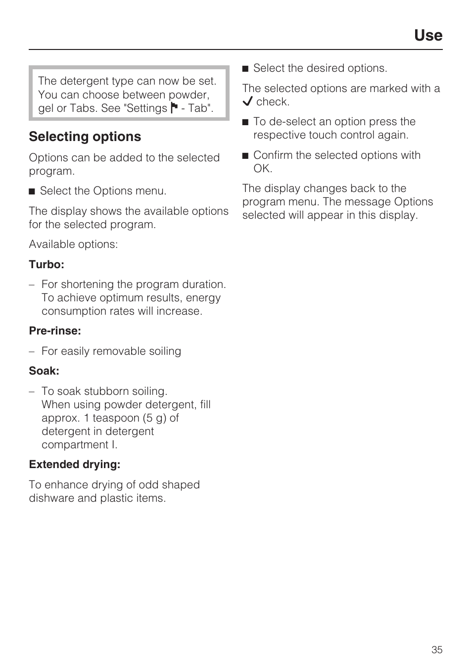 Use 35, Selecting options 35, Selecting options | Miele G 2872 User Manual | Page 35 / 80