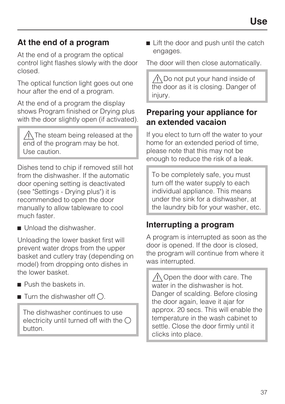 At the end of a program 37, Interrupting a program 37 | Miele G 2872 User Manual | Page 37 / 80