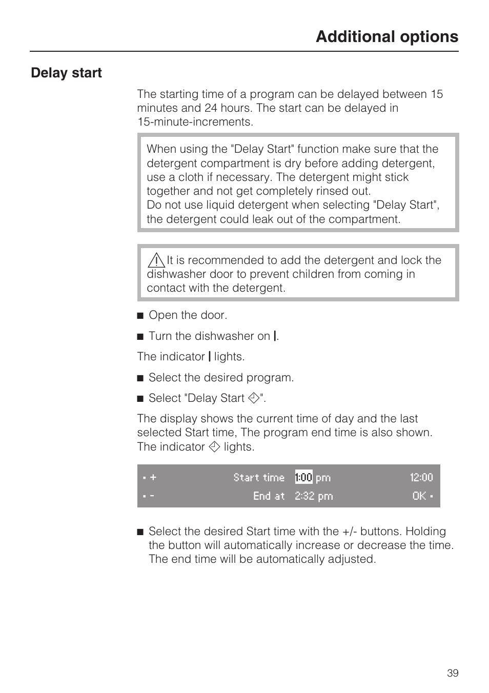 Additional options 39, Additional options, Delay start | Miele G 2872 User Manual | Page 39 / 80