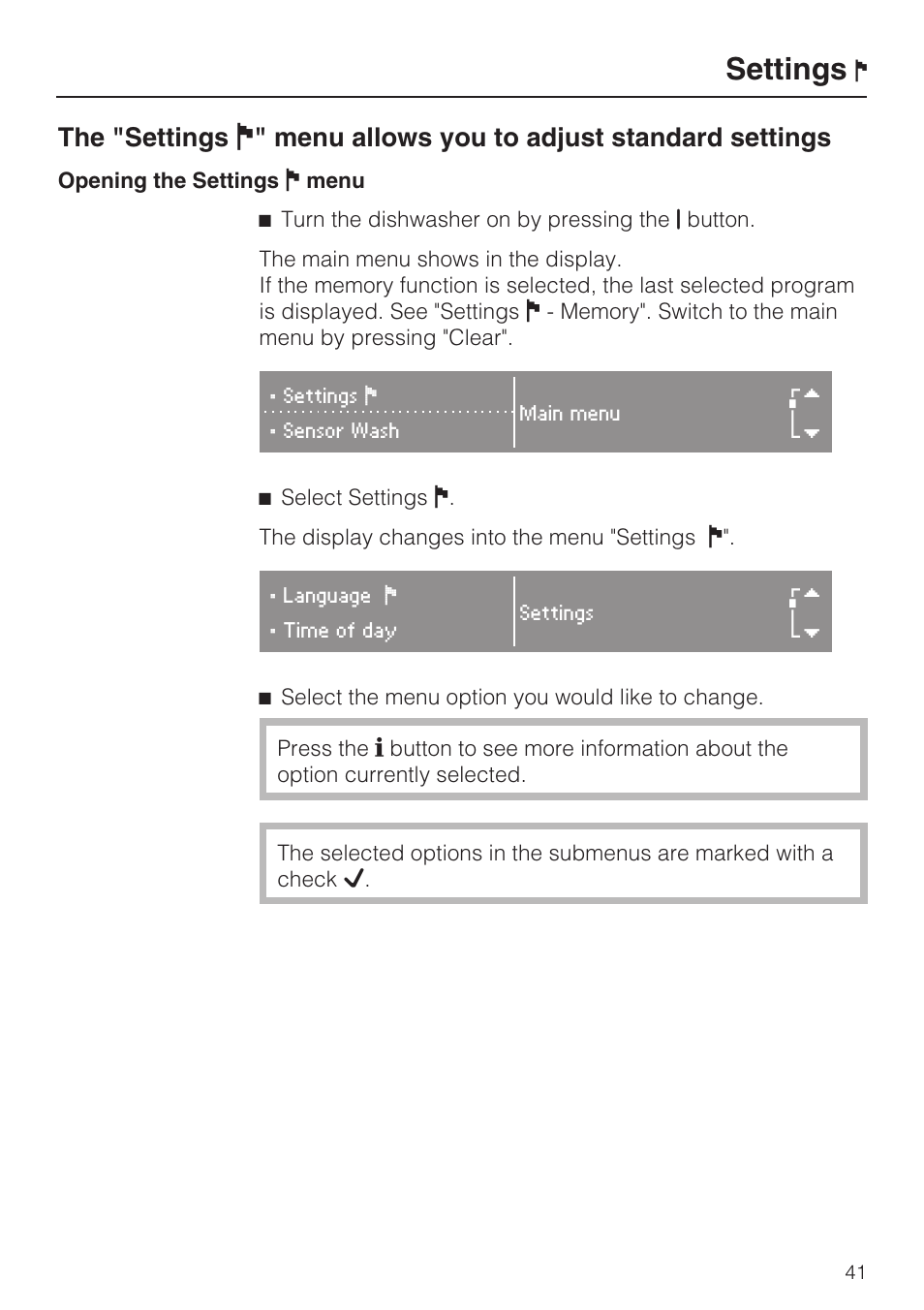 Settings ! 41, Settings | Miele G 2872 User Manual | Page 41 / 80