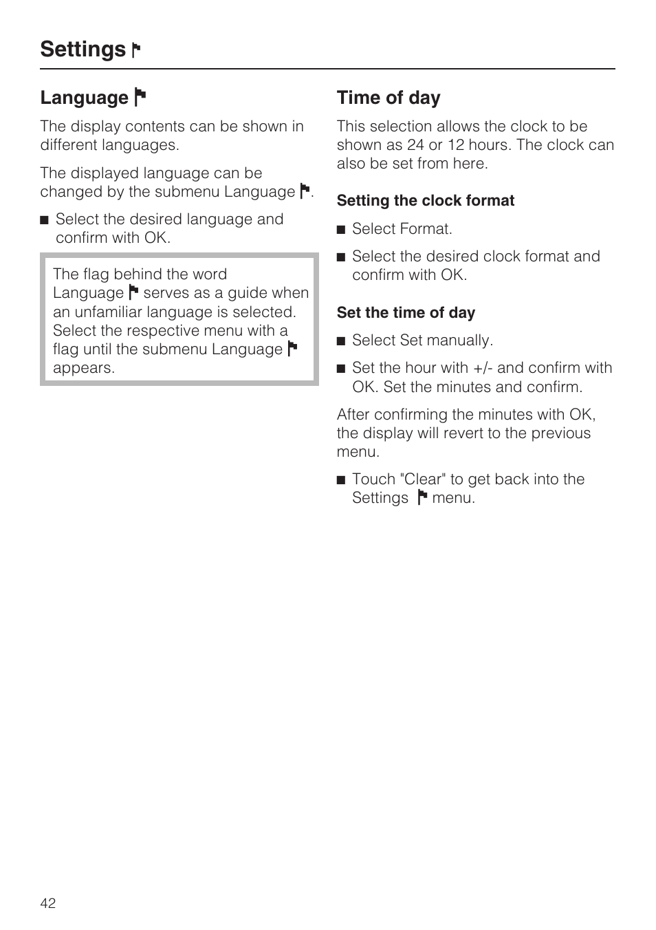 Settings, Language j, Time of day | Miele G 2872 User Manual | Page 42 / 80