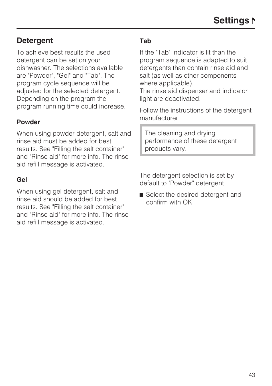 Settings, Detergent | Miele G 2872 User Manual | Page 43 / 80