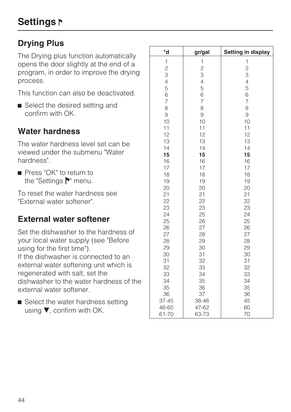 Drying plus 44, Water hardness 44, External water softener 44 | Settings, Drying plus, Water hardness, External water softener | Miele G 2872 User Manual | Page 44 / 80