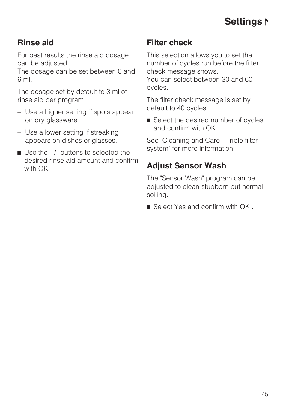 Filter check 45, Settings, Rinse aid | Filter check, Adjust sensor wash | Miele G 2872 User Manual | Page 45 / 80