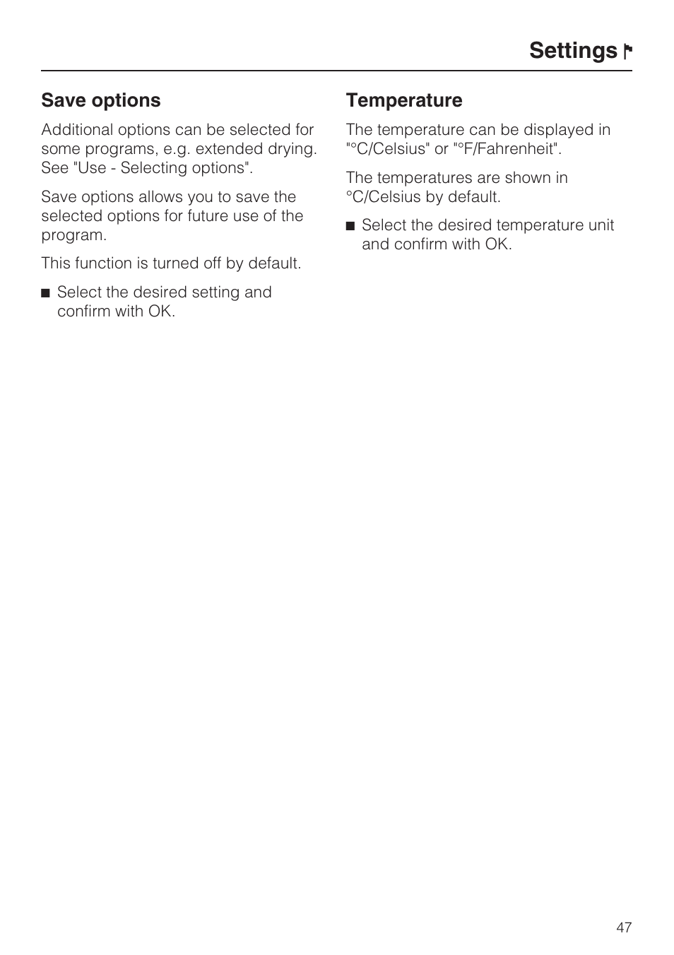 Settings, Save options, Temperature | Miele G 2872 User Manual | Page 47 / 80