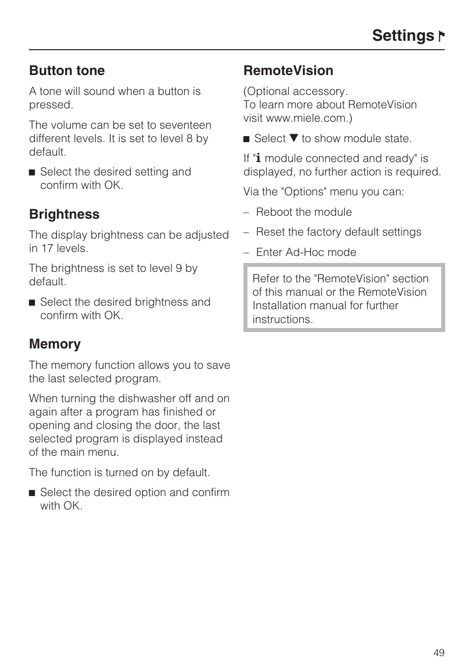 Button tone 49, Remotevision 49, Settings | Button tone, Brightness, Remotevision | Miele G 2872 User Manual | Page 49 / 80