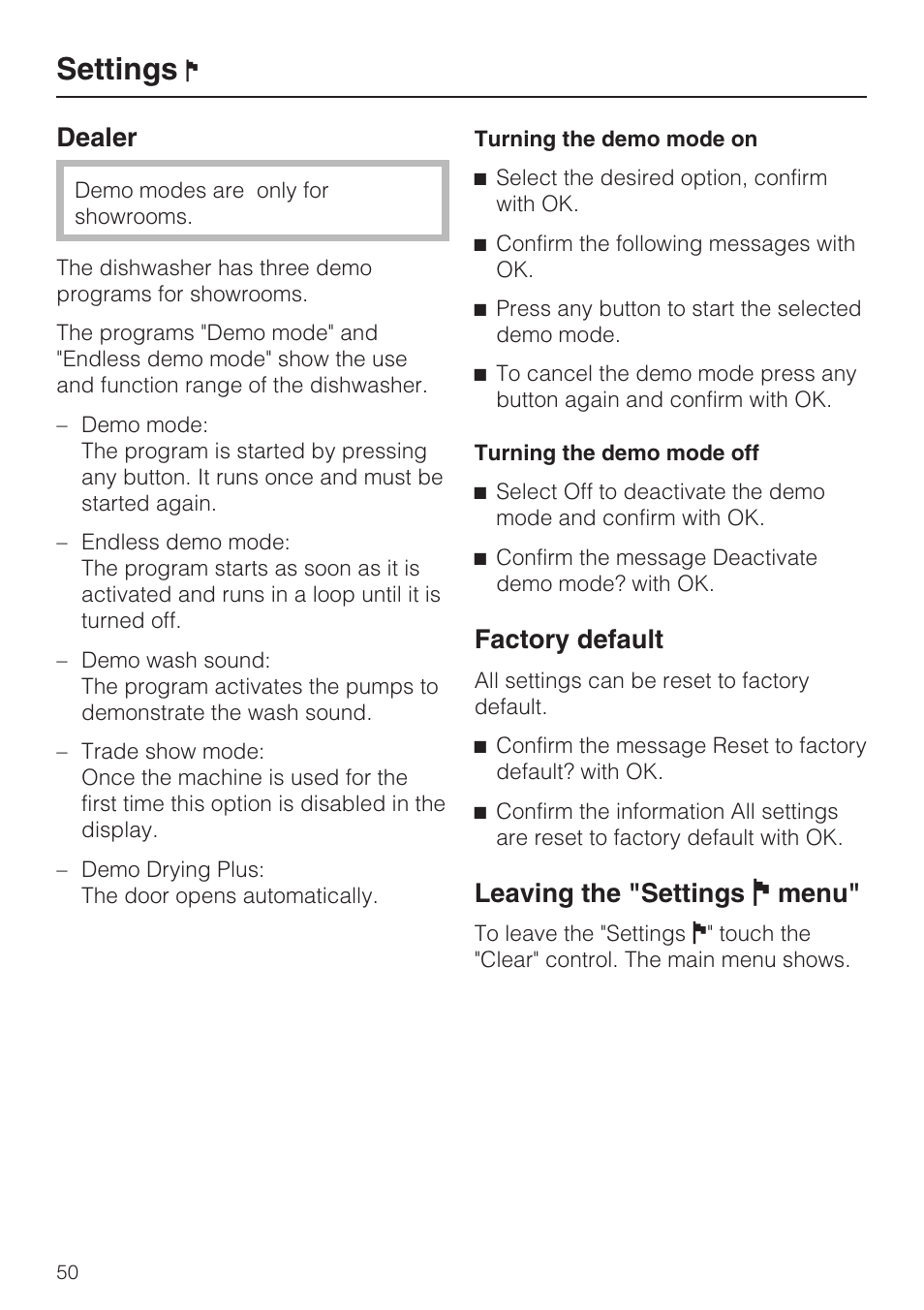 Factory default 50, Settings, Dealer | Factory default, Leaving the "settings j menu | Miele G 2872 User Manual | Page 50 / 80