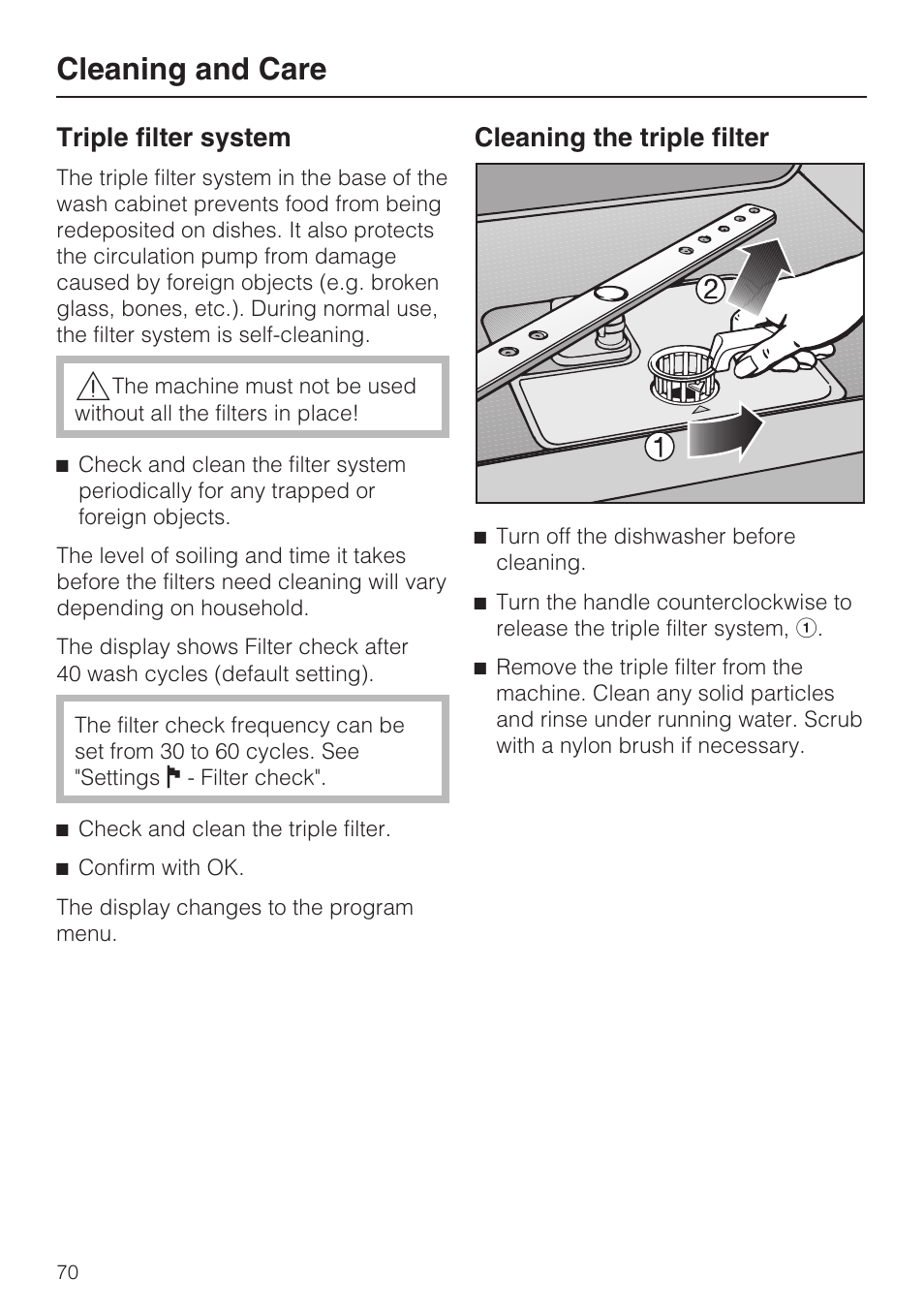 Triple filter system 70, Cleaning and care, Triple filter system | Cleaning the triple filter | Miele G 2872 User Manual | Page 70 / 80