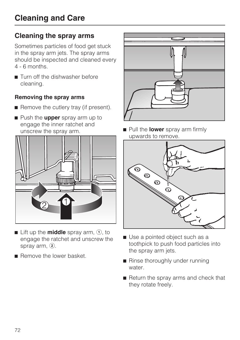 Cleaning the spray arms 72, Cleaning and care, Cleaning the spray arms | Miele G 2872 User Manual | Page 72 / 80