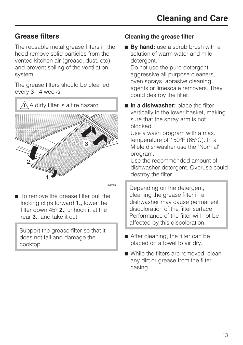 Grease filters 13, Cleaning and care, Grease filters | Miele DA 390-5 User Manual | Page 13 / 28