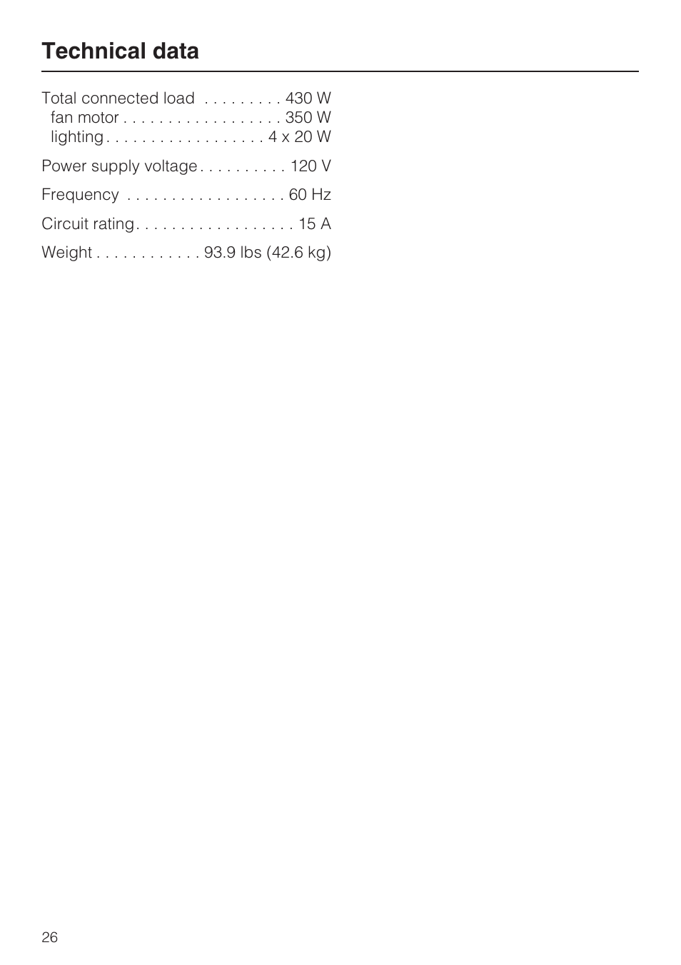 Technical data 26, Technical data | Miele DA 390-5 User Manual | Page 26 / 28