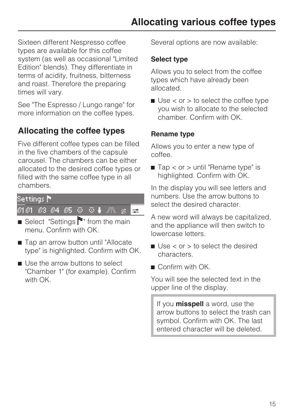 Allocating various coffee types 15, Allocating various coffee types, Allocating the coffee types | Miele CVA 2652 User Manual | Page 15 / 72